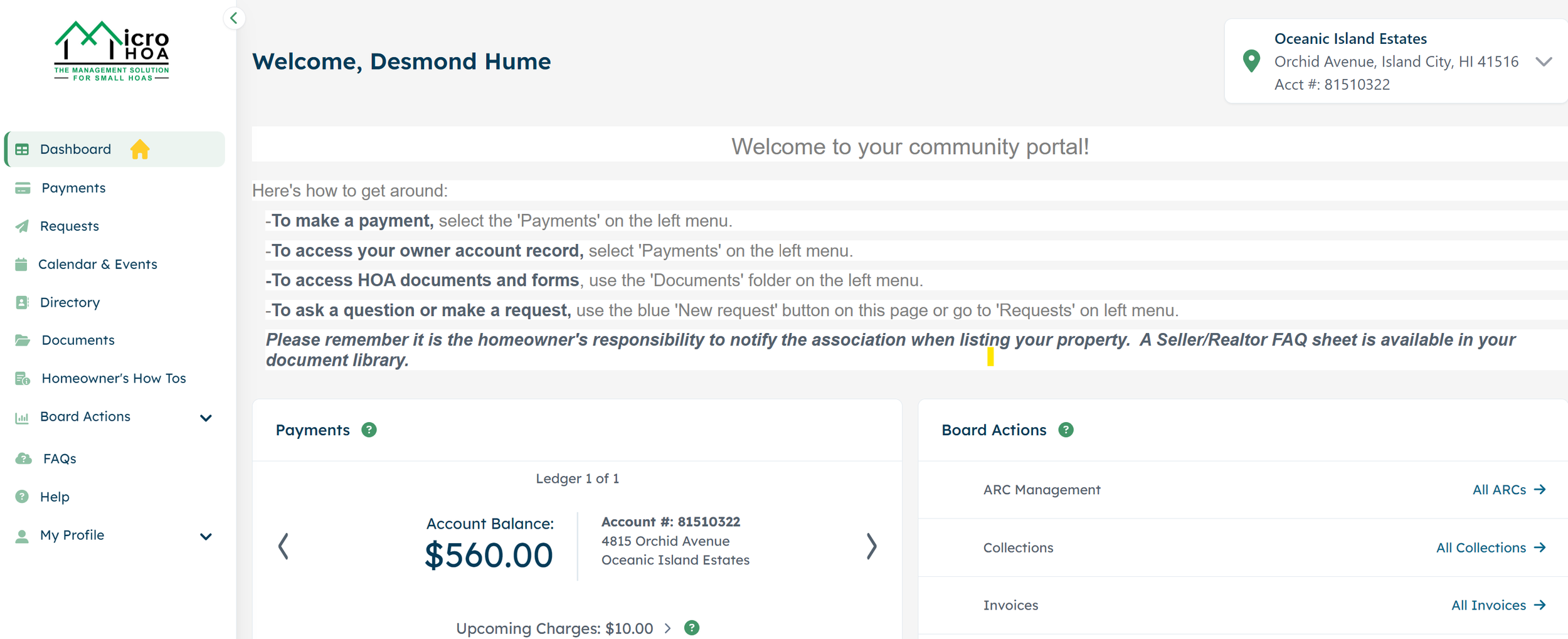 The MicroHOA association portal, showing account and document access